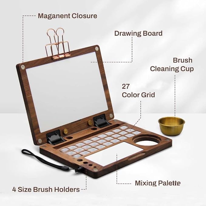27 Wells Solid Wood Travel Watercolor Palette Box, Black Walnut | Empty Paint Box with Brush Cleaning Cup, Metal Clips and Hand Carry Strap for Outdoor Watercolor Easel