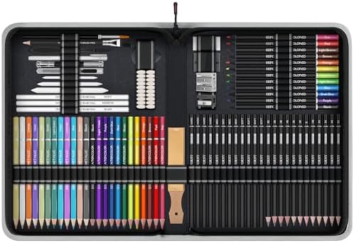HIFORNY 100 PCS Drawing & Sketching Set, Professional Art Supplies with Graphite,Charcoal, Colored,Watercolor,Metallic Pencils,Blending Tools,Sketchbook and Coloring Book in Zipper Case (Grey)