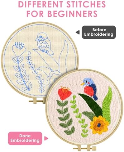 TINDTOP Punch Needle Kits, DIY Punch Embroidery Kits for Adults Beginner, Tool with Punch Needle Fabric, Hoops, Yarns and Sewing Needles (Set C)