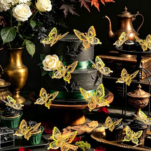 60 Pcs Butterfly Wall Decals - 3D Butterflies Removable Mural Wall Stickers for Home Room Bedroom Door Office Decorations (Gold)