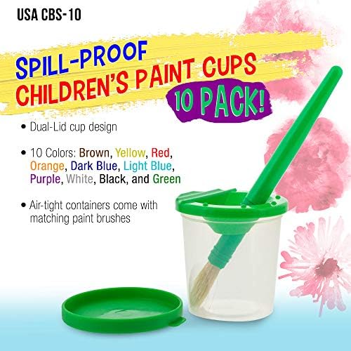 U.S. Art Supply 10 Piece Children's No Spill Paint Cups with Colored Lids