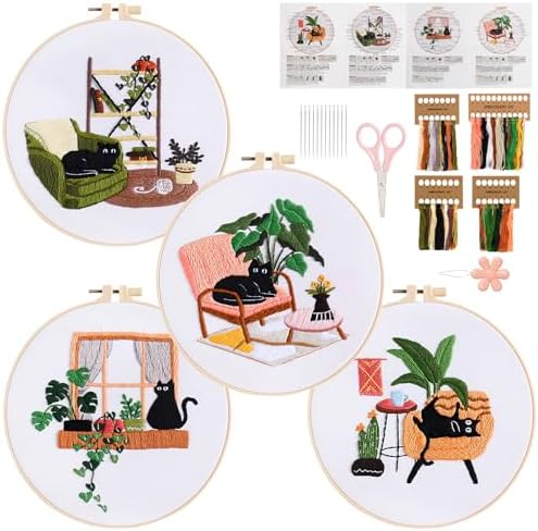 4 Sets Black Cat Embroidery Kit for Beginners with Tool Set Cat Pattern