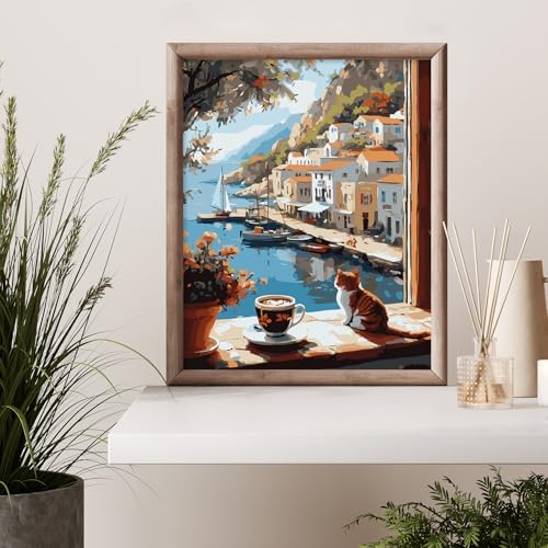 Possoco Paint by Numbers Kit for Adults Beginner Cat, Seaside Landscape Easy Adult Paint by Number Kits on Canvas, DIY Acrylic Number Painting for Adults Teens for Home Decor 16x20 Inch