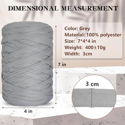 400g T-Shirt Yarn Elastic Fabric Crochet for DIY Knitting, 130 Yards Spaghetti Thick Knitting Yarn for Hand DIY Bag Basket Cushion Crocheting Projects, Home Decor (Grey)