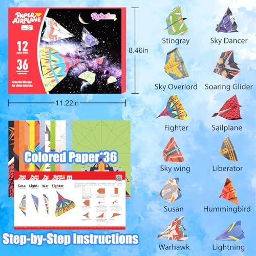 Paper Airplane Kits, Origami Kit for Kids 5-8 8-12, 12 Classic Origami Designs, 36 Sheets of Colorful Origami Paper, Crafts for Kids Activities, Airplane Gifts for Kids Ages 5-12 Boys and Girls