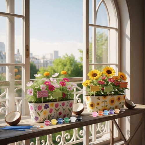 6 Sets Flower Pot Painting Kit DIY 6 Large Metal Iron Plant Pots Acrylic Paint Stickers Brushes Plant Labels Gardening Tool Kit for Planting Crafts Mother's Day Graduation Creative Gift