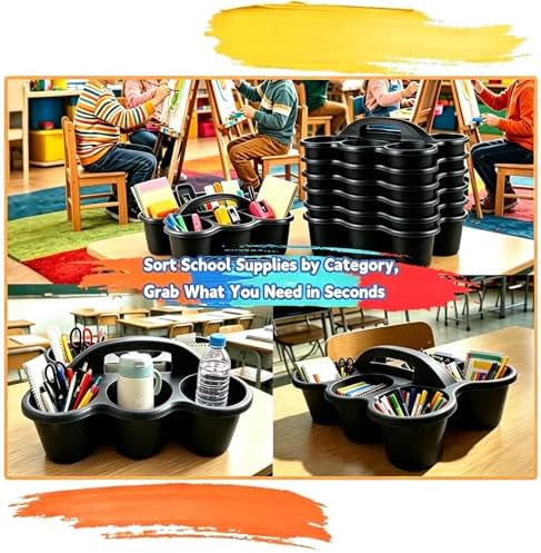 6 Pack Classroom Caddy Organizer with Handle Black Plastic Table Caddy 6 Compartments Storage Cup Holder for School Supplies Art Crafts Crayons Pencils Stackable Desk Caddy for Office Home