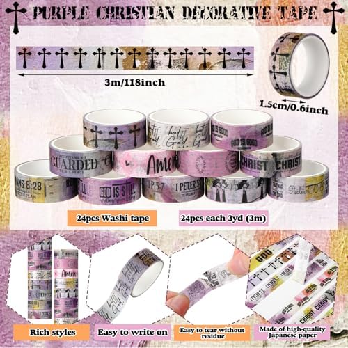 24 Rolls Christian Washi Tape Gifts for Bible Journaling, Purple