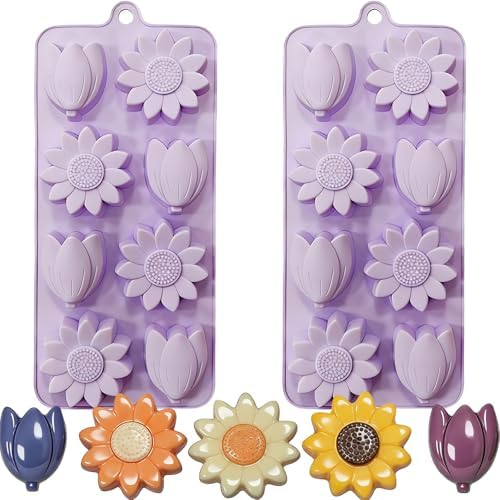 Flower Ice Cube Molds Silicone 2Pcs Sun Flower Chocolate Candy Molds for Baking Tulip Shape Jello Molds Pudding Molds for Desserts Soap Making (Pack of 2)
