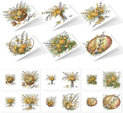 6pcs 5D DIY Diamond Painting Kit Greeting Card, Yellow Flower Diamond Handmade Greeting Card with Envelope, Holiday Gift Congratulations