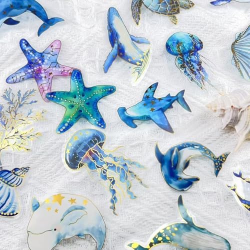 50pcs Ocean Animal Stickers for Laptop Water Bottles, Gold stamp Transparent PET Waterproof Adhesive Fish Decal Under The Sea Marine Life Sticker for Kids Birthday Party Scrapbook Gift box(Gold stamp)