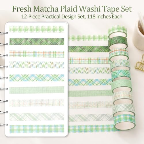 12 Rolls Washi Tape Set, Fresh Matcha Green Decorative Tape,Assorted Styles