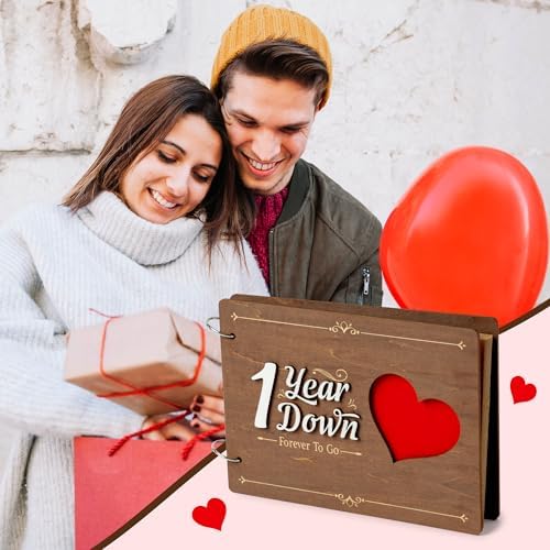 CY2SIDE Couple 1 Year Anniversary Scrapbook - 111PCS 1st Down Photo Wooden Album Scrapbook Craft Kit with Heart Puzzle Brown Paper Sticker Marker Template for DIY Anniversary Dating Gifts for Him Her