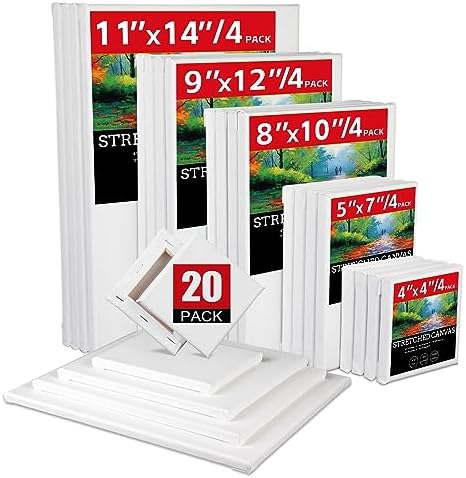 20 Pack Stretched Canvases-4Packs of 4x4,5x7,8x10,9x12,11x14