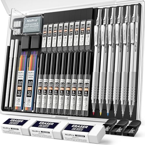Nicpro 35PCS Silver Metal Mechanical Pencil Set, Art Supplies with Case