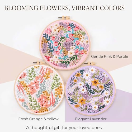 Harimau Beginner Adult Embroidery Kit, All-in-One Starter Pack with 3 Patterns, 3 Hoops, Scissors, Needles, Instruction Manual & Stitching Video Guides