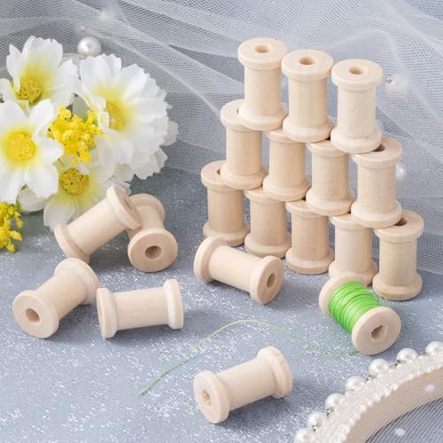 Pndeyo 25pcs Wooden Spools of Crafts, Empty Natural Wood Thread Spools, 1in Unfinished Wooden Textile Bobbin for Organizing Cord Twine Ribbon Chains Elastic Threads- Beige