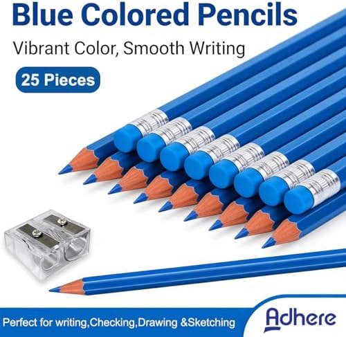 Adhere 25pcs Checking Pencils Erasable colored Pencils Pre-Sharpened #2 HB,for Checking Tests Grading,Map Coloring, editing Office Favors,including a Free sharpener. (Blue)