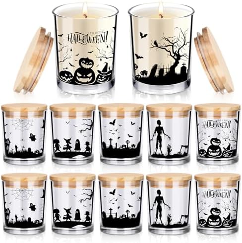 Ziliny 10 Pcs Halloween Village Glass Candle Jars Empty Containers Bulk 7 oz Halloween Glass Jars with Cork Lids Tins for Holiday Candle Making Storing Biscuits Tea Party Favors