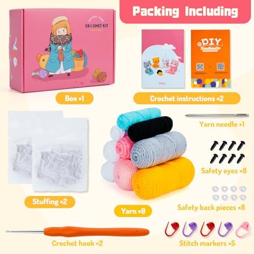 Fortuning's JDS Crochet Kit for Beginners - Cat Crochet Kit with Step-by-Step Video Tutorials, Learn to Crochet Kits for Adults, 4 PCS Crochet Animals Cat with Hat, Toy, Fish Crocheting Set