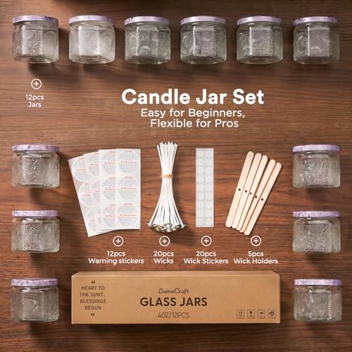 12 Pack 4oz Glass Candle Jars with Lids, Hexagon Embossed Candle Making Containers, Empty Candle Jars with 20 Wicks & Labels for DIY Candle Making, Party Favors, Home Decor
