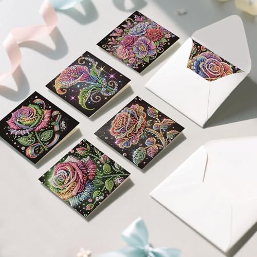 Diamond Art Cards with Envelopes–6PCS DIY Diamond Painting Greeting Cards Kit | Card Making Kit with Bling for Adults & Beginners | Birthday,Holiday & Thank You Cards (Rose Flower)