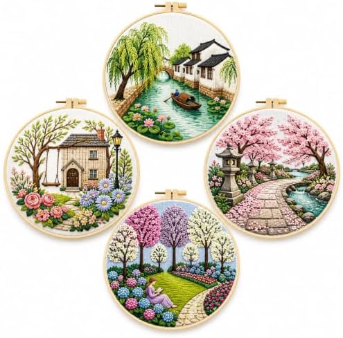 Zhenqing Landscape Embroidery Kit Set for Beginners, 4 Pack Garden & Cottage Needlework Craft Collection with Pre-Printed Cotton Fabric, Hoop, Threads & Tools(JC0285)