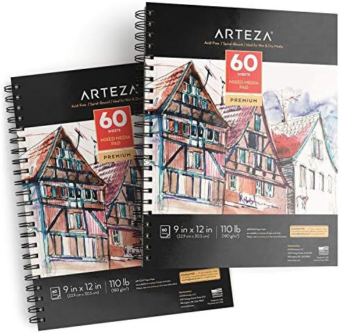 ARTEZA Mixed Media Sketchbook, 9x12 Inches – 2-Pack, 60 Spiral-Bound Sheets, 110 lb Acid-Free Paper for Wet & Dry Media: Acrylic, Ink, Pencil & More