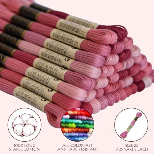 Premium Rainbow Color Embroidery Floss - Cross Stitch Threads - Friendship Bracelets Floss - Crafts Floss - 14 Skeins Per Pack Embroidery Floss, Medium Rose Gradient