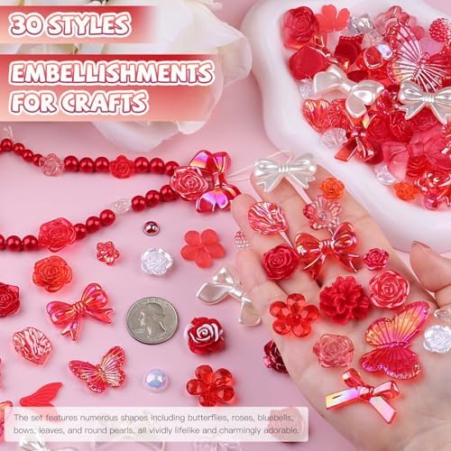 350 Pieces 3D Resin ABS Colorful Rose Flower Bows Butterfly Charms with Flatback Half Round Pearl Beads for Bracelet Earring Necklace Craft DIY Making Supplies