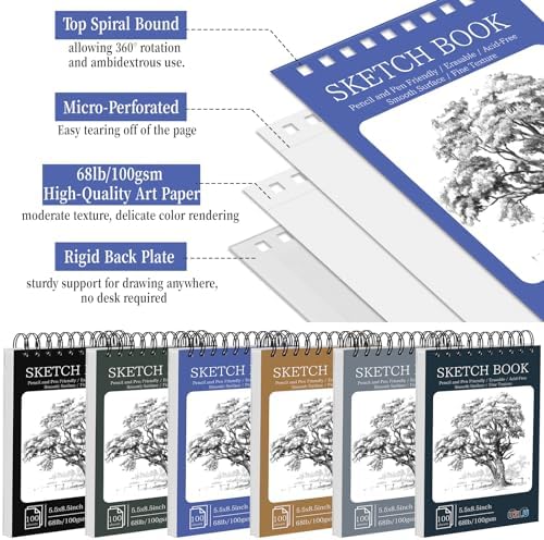 6 Pack Sketch Books Bulk 5.5x8.5 Inch Top Spiral Bound Sketch Pad 600 Total Sheets 6-Color Small Sketchbook Set 68lb/100gsm Acid-Free Drawing Paper for Students Beginners Travel Classroom Art Supplies