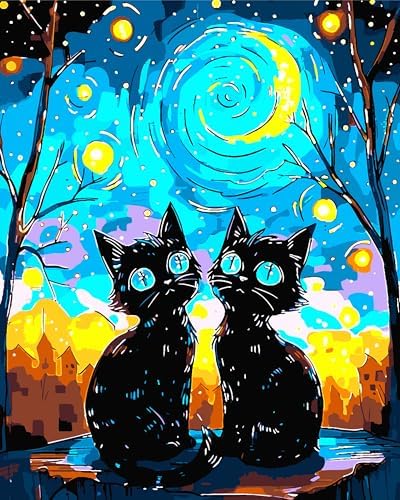 Yunnuo Paint by Numbers Kit for Adults Two Black Cat, Adult Paint by Number Kits Animals and Starry Night,DIY Paintwork with 3 Paintbrushes and Acrylic Paints,Perfect for Home Wall Decor 16x20 Inch
