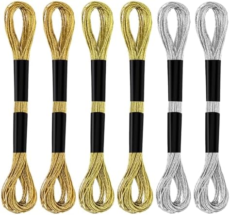 6 Skeins Metallic Embroidery Threads (Gold+Light Gold+Silver)