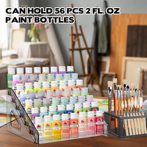YEXEXINM 2 Pcs Clear Paint Organizer With Paint Brush Holder,7 Layers Acrylic Paint Organizer,Paint Storage Rack,Craft Paint Organizer Rack,Miniature Paint Holder for Paint Storage(Gray)