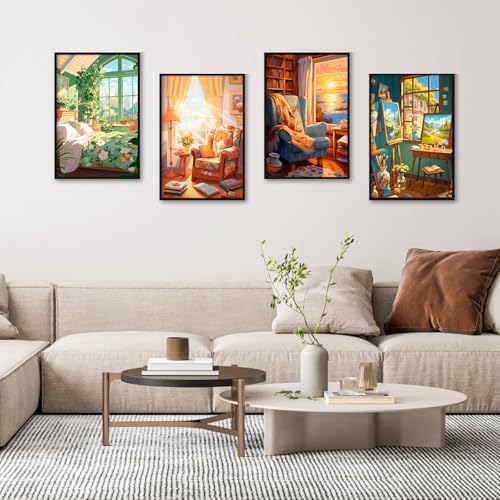 Camocin 4 Pack Framed Paint by Numbers Kit for Adults with Wooden Easel | Cozy Room Artwork, Cottage Reading Nook Decor, DIY Canvas Painting Set, Bedroom Wall Decor, Beginner Friendly, 8x12 Inch