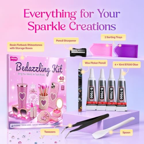 50000Pcs Bedazzling Kit with Rhinestones, 40 Colors 3mm Resin Jelly Flatback Gems, All-in-One Bedazzler Kit with 4Pcs B7000 Glue & Tools, DIY Diamond Art Craft Kit for Clothes Shoes Phone Cases Gifts