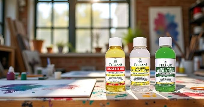 TERLANS Oil Painting Essentials Set, 3x100 ml (3x3.38 Fl.Oz.) | Linseed Oil, Brush Cleaner & Odourless Oil Paint Liquid for Smooth Flow, Controlled Dilution & Paint Care | Artist Oil Painting Supplies