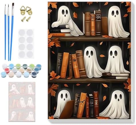 SENQAO Bookshelf Ghost Paint by Numbers Kit for Adults Beginner, Halloween Adult Paint by Number Kits on Canvas, DIY Acrylic Oil Easy Painting by Numbers for Home Wall Decor 8X12 inch (Book Ghost)
