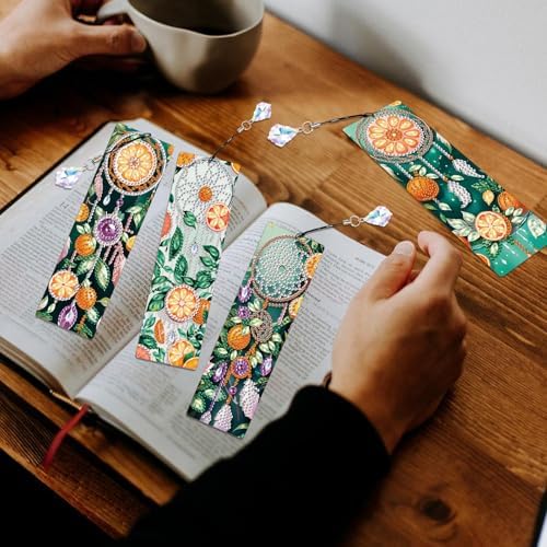 4 Pcs Diamond Painting Bookmarks, DIY Orange and Dreamcatcher Diamond Art Bookmark Kits for Adults, Rhinestone Drill Fruit Bookmarks with Tassels for Beginners