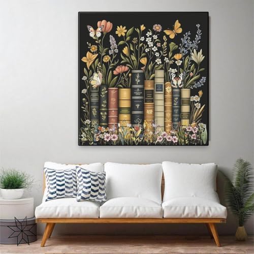 RYMILIE Diamond Art Kits for Adults Vintage Flowers and Books 14x14inch | 5D Stress Relief Diamond Painting Kit for Beginners, DIY Full Round Drill Gem Art Crafts for Home Wall Decor Gift