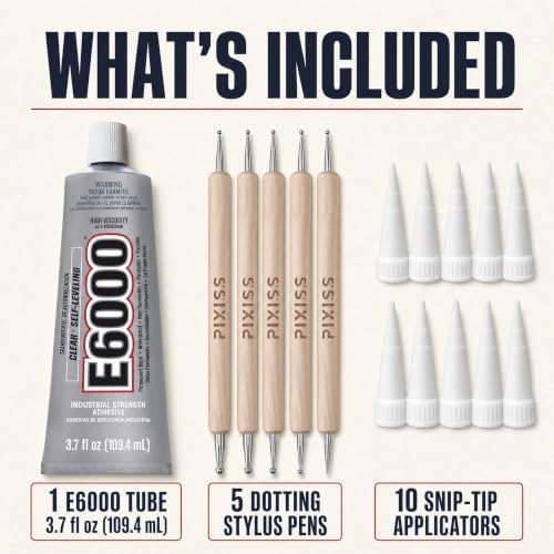 E6000 3.7 Ounce (109.4mL) Tube Industrial Strength Adhesive for Crafting, 10 Snip Tip Applicator Tips and Pixiss Art Dotting Stylus Pens 5 pcs Set