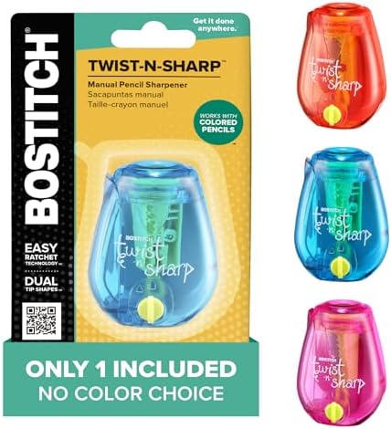 Bostitch Office Pencil Sharpener, Manual, One Assorted Color, Twist-n-Sharp, Kids, Boys, Girls, Colored Pencils, 1 Pack