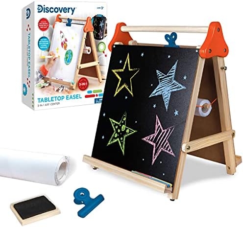 Discovery™ 3-in-1 Tabletop Dry Erase Chalkboard Painting Art Easel, Includes Paper Roll and Oversized Clip, 17 x 15 Inch Wood Frame, Perfect for Children 3+ | Foldable/Portable for Countertop Play