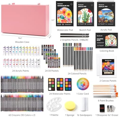 Shuttle Art Deluxe Gift Art Kit, 202-Piece Wooden Art Supplies Set with 4 Drawing Pads, Canvases, Coloring Sheets, Acrylic Paint, Crayons, Oil Pastels, Colored Pencils for Kids