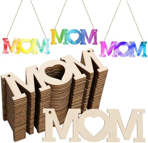 Mum 30Pcs Unfinished Wooden Mother's Day Gift Ornaments DIY Craft Mother Birthday Present-30Pack Paintable Blank Natural Mom Cutouts Hanging Wood Slices for Kids Art Crafts DIY Gift for Mom