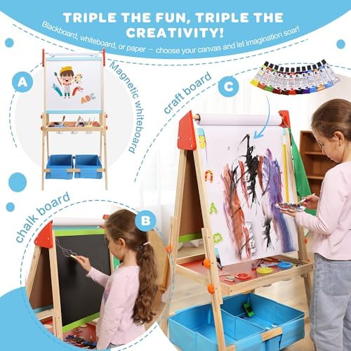 Blue 3-in-1 Wooden Kids Art Easel, Magnetic Whiteboard & Chalkboard