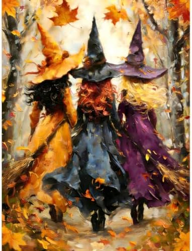 Whaline Halloween Fall DIY Paint by Number Kits Unframed Witch Maple Leaves Oil Painting Canvas Acrylic Filling Painting by Number for Autumn Home Party Wall Decoration, 16 x 20 Inch