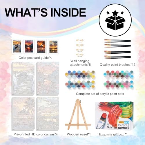 4 Pack Framed Paint by Numbers Kit for Adults with Wooden Easel, Sunset | With Frame, Lake Landscape DIY Acrylic Painting, For Adults Beginner, Stress Relief Craft Kits, Home Wall Decor Gift, 8x12 IN