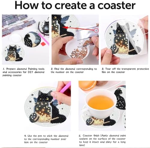 8 Pcs Cat Dimond Art Coasters Kits for Adults,Black Cat Diamond Painting Coaster Kits with Holder,Gem Art Paintings Crafts Supplies for Home Decor