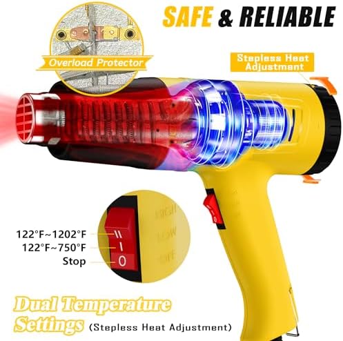 Adjustable Heat Gun, 900W Hot Air Gun 50-650℃ Temperature Control, | with 50-650℃ temperature control, 4 nozzles included. Ideal for resin crafts, DIY, repair and shrink tubing